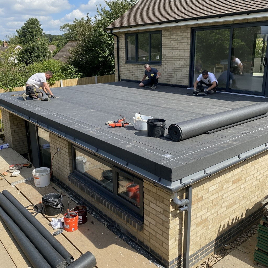 Professional flat roof membrane installation on a residential extension